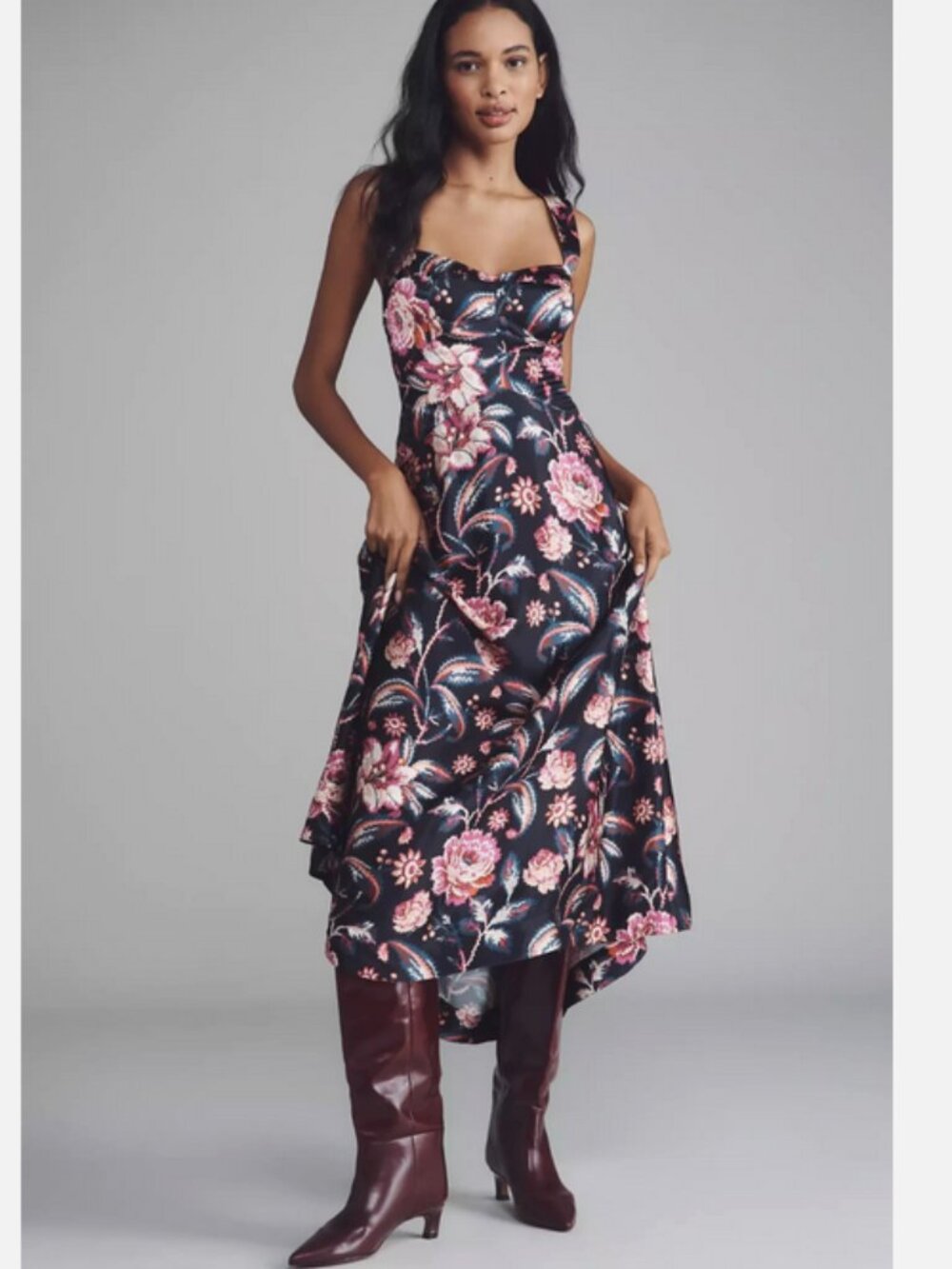 Anthropologie Maeve The Jocelyn Sleeveless Slip Midi Dress Black Floral XXS NWT